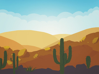 Desert landscape with cactus silhouette in cartoon illustration.