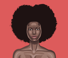Vector portrait of beautiful young black woman with very long curly hair isolated on pink background

