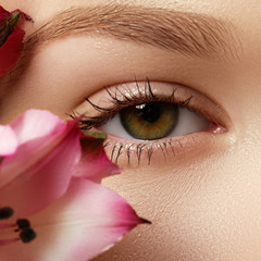 Close up of blue woman eye with beautiful brown with shades smokey eyes makeup. Modern fashion make...