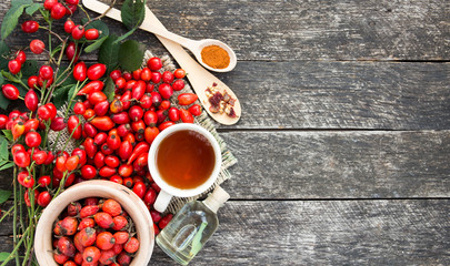 Medicinal plants and herbs composition: Dog rose, bunch branch Rosehips, types Rosa canina hips,...