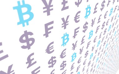 Bitcoin and currency on a white background. Digital Cryptocurrency symbol. Business concept. Market Display. 3D illustration