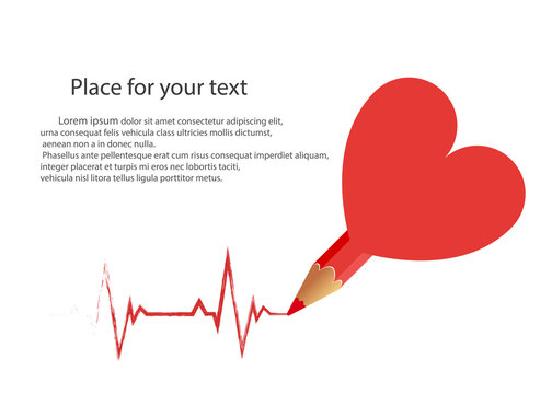 A pencil from the heart draws a cardiogram on an isolated light background. Vector with space for text. Pulse is a medical drawing of a good heart work or the concept of a loving couple.