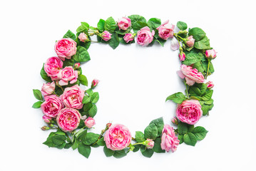 Rectangle frame of fresh pink tea rose flowers with green leaves on white background isolated. Top view, flat lay. Selective focus. copy space,