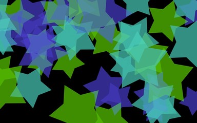 Multicolored translucent stars on a dark background. Green tones. 3D illustration