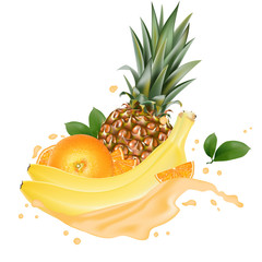 Vector ads 3d promotion banner, Realistic  orange, banana, pineapple  splashing with falling slices, juice drops, vitamins, leaves. Ice cream, yogurt brand advertising. Label poster