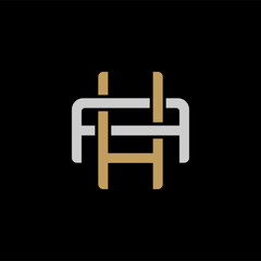 Initial letter A and H, AH, HA, overlapping interlock logo, monogram line art style, silver gold on black background