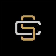 Initial letter C and S, CS, SC, overlapping interlock logo, monogram line art style, silver gold on black background