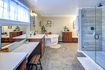 Amazing master bathroom interior in a big house.