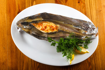 Baked trout with shrimps