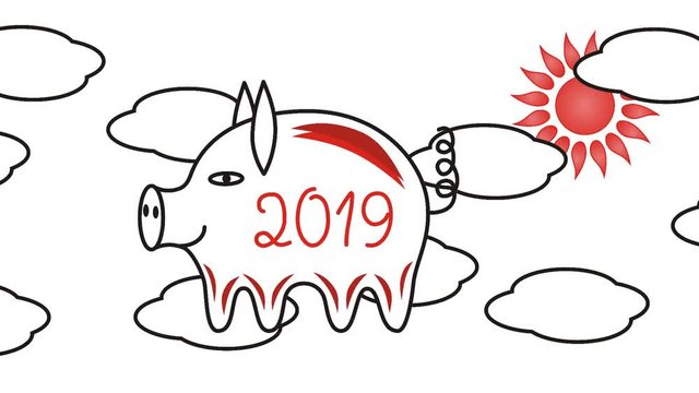The pig flutters in the clouds. A funny video. The pig is a symbol of 2019. Year of the yellow pig. Video cartoon black and white.