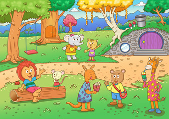 Vector illustration with cute forest animals in a children's style. A set of mammals in the forest. cartoon illustration of wild animals living in the tree house, tree hollow