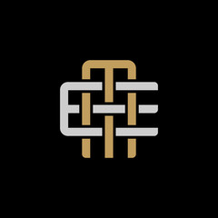 Initial letter E and M, EM, ME, overlapping interlock logo, monogram line art style, silver gold on black background