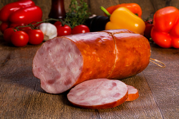 Pork sausages over wooden