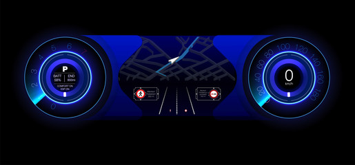 Automotive dashboard of the future. Hybrid car. Diagnostics and elimination of breakdowns. Blue. HUD style. Vector image.