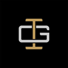 Initial letter G and I, GI, IG, overlapping interlock logo, monogram line art style, silver gold on black background