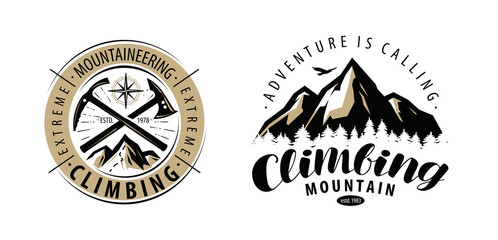 Climbing, mountaineering logo or label. Mountains vector