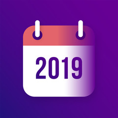 Happy New Year 2019. Tear-off calendar icon with trendy gradient on background in blue and purple colors. Reminder symbol for Chinese Year of the Pig