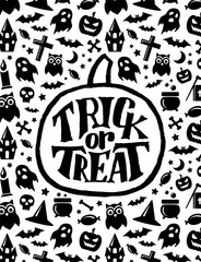 Happy Halloween. Holiday background with Trick or Treat hand lettering text on pumpkin. Vector banner template with jack o lantern, bats, ghost, skull signs and other scary icons.