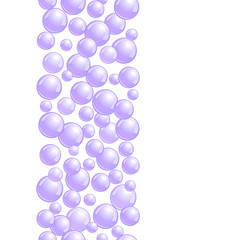 Vertical decorative line with soap bubbles, background with realistic water beads, purple blobs, vector foam illustration