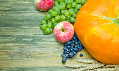 pumpkin and apples and grape brush green and blue and ears on wooden background