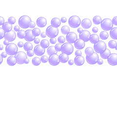 Horizontal decorative line with soap bubbles, background with realistic water beads, purple blobs, vector foam illustration