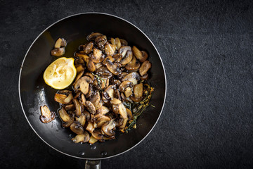 Preparing mushrooms with spices for,mushrooms and gnocchi dish,selective focus