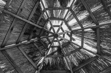 beach, sea, ocean, sky, hut, tropical, travel, blue, water, summer, vacation, sand, house, island, nature, resort, landscape, coast, roof, umbrella, tourism, sun, paradise, relax, parasol