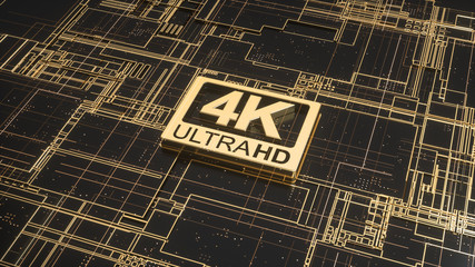 4K ultra hd symbol on abstract electronic circuit board. Television technology concept of ultra high definition sign on digital background with many lines and geometric elements. 3d rendering