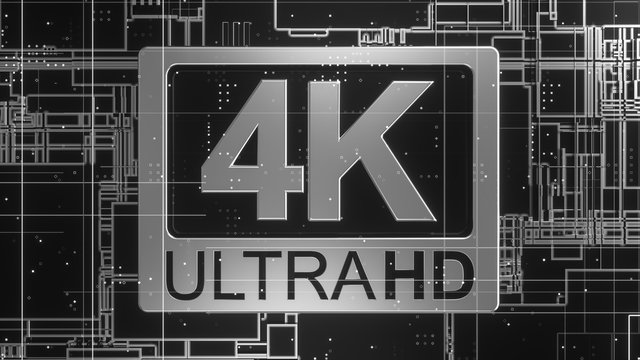 4K ultra hd symbol on abstract electronic circuit board. Television technology concept of ultra high definition sign on digital background with many lines and geometric elements. 3d rendering