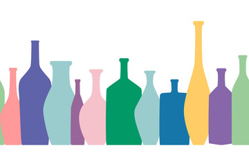 Bright colored bottles in a row, different type of bottles collection, horizontal flat decoration