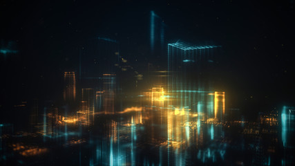 Fototapeta na wymiar Digital abstract city made of glowing dots. Business skyscrapers. Hologram buildings. Architectural technology structure of luminous lines and particles. Connection concept. 3d rendering