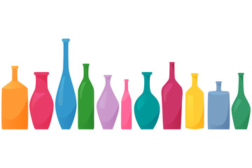 Bright colored bottles in a row, different type of bottles collection, horizontal flat style decoration