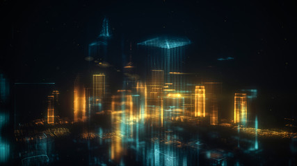 Digital abstract city made of glowing dots. Business skyscrapers. Hologram buildings. Architectural technology structure of luminous lines and particles. Connection concept. 3d rendering © S.Gvozd