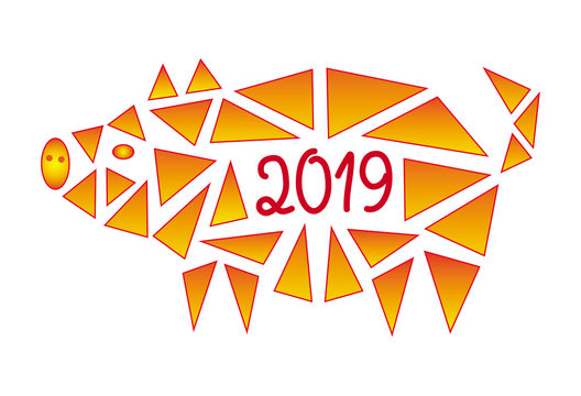 The pig is a symbol of 2019. Year of the yellow pig. Abstract polygonal vector illustration in yellow-orange tones.