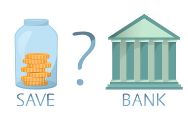 Save money or go to bank, making decision, comparing saving and getting loan, vector