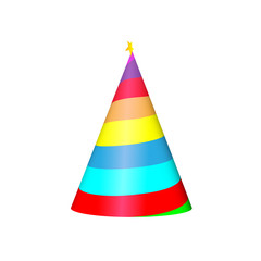 Party hat cone with white curled strips and star. Accessory, symbol of the holiday. Birthday Colorful Cap. Vector illustration