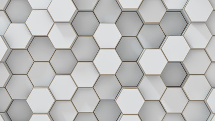 Set of white metal hexagons. Creative honeycomb geometric structure. Tech pattern of cell elements. Graphic digital concept. Abstract background. 3d rendering