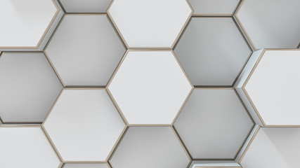 Set of white metal hexagons. Creative honeycomb geometric structure. Tech pattern of cell elements. Graphic digital concept. Abstract background. 3d rendering