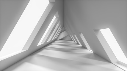 White clear triangular corridor going into perspective with windows on the sides. 3D rendering