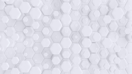 Hexagonal geometric background. Abstract structure of lots of different height hexagons. Creative honeycomb surface. Top view. Cell elements pattern. 3d rendering