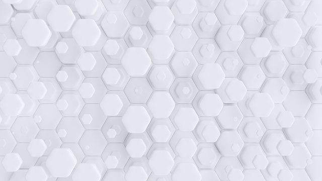 Hexagonal geometric background. Abstract structure of lots of different height hexagons. Creative honeycomb surface. Top view. Cell elements pattern. 3d rendering © S.Gvozd