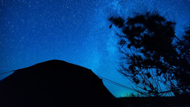 Stars Time Lapse. Camping under the stars. Timelapse stars moving over trees and tent