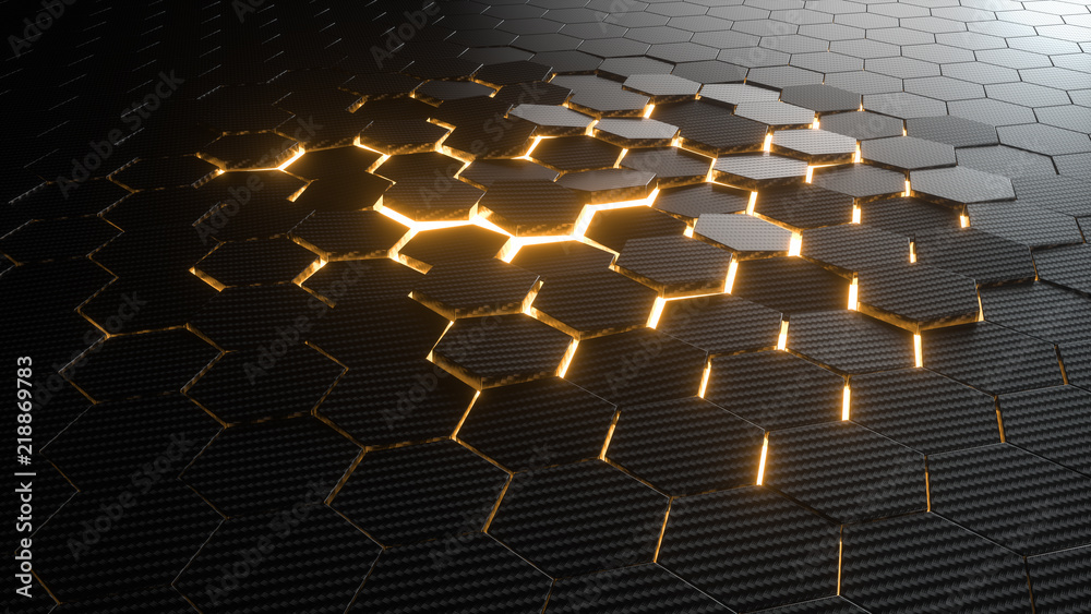 Poster abstract hexagonal geometric background. structure of lots of hexagons of carbon fiber with bright e