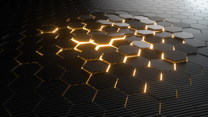 Obraz premium Abstract hexagonal geometric background. Structure of lots of hexagons of carbon fiber with bright energy light breaking through the cracks. 3d rendering