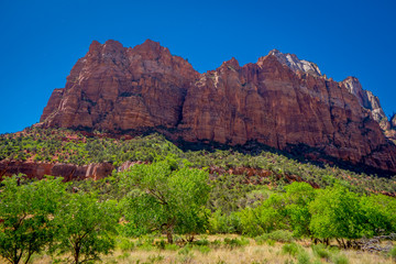 Beautiful outdoor view of huge mountains in Zion National Park, Utah, USA