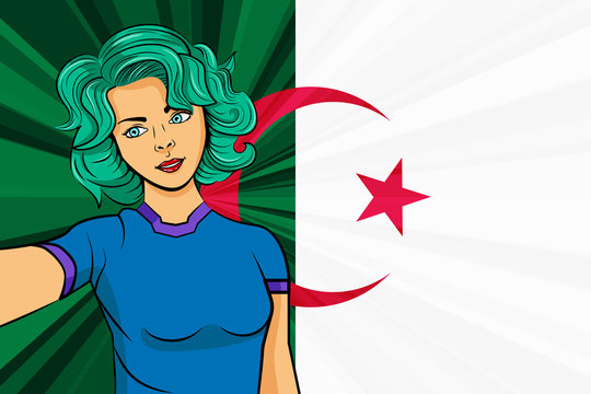 Pop art girl with unicorn color hair style. Young fan girl makes selfie before the national flag of Algeria. Vector sport illustration in retro comic style