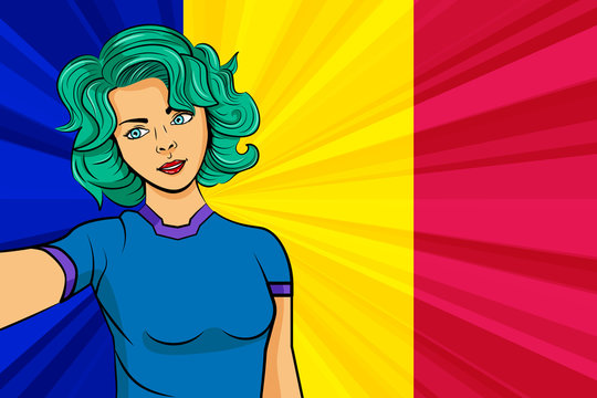 Pop art girl with unicorn color hair style. Young fan girl makes selfie before the national flag of Andorra. Vector sport illustration in retro comic style