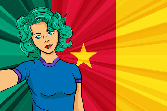 Pop art girl with unicorn color hair style. Young fan girl makes selfie before the national flag of Cameroon. Vector sport illustration in retro comic style