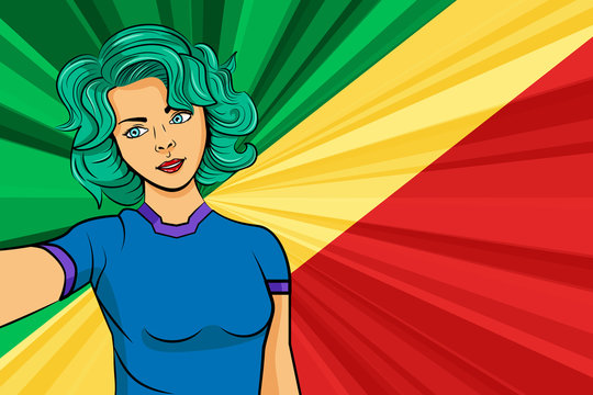Pop art girl with unicorn color hair style. Young fan girl makes selfie before the national flag of Congo. Vector sport illustration in retro comic style