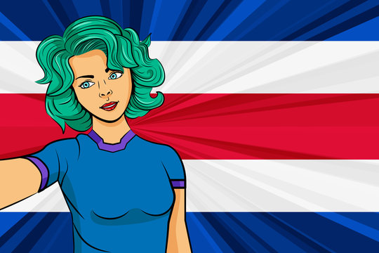Pop art girl with unicorn color hair style. Young fan girl makes selfie before the national flag of Costa Rica. Vector sport illustration in retro comic style